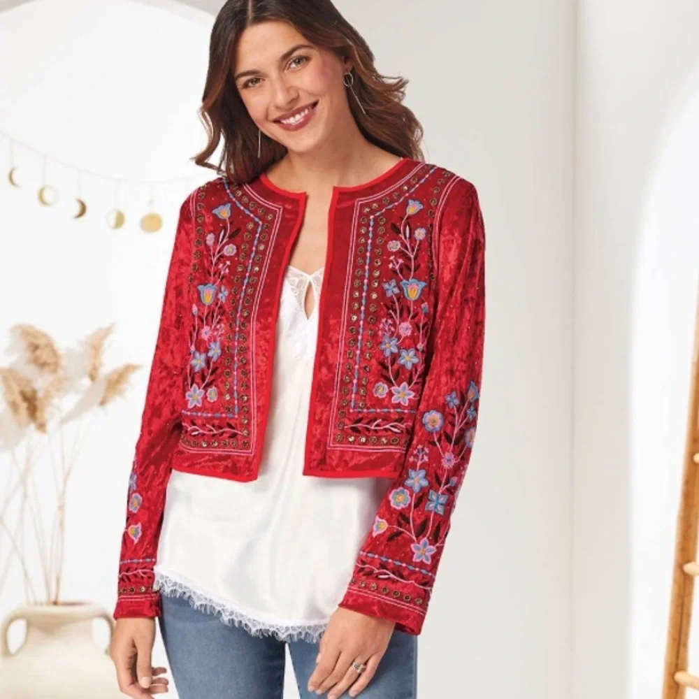 THE PYRAMID COLLECTION Embroidered Red Velvet Jacket. Size M